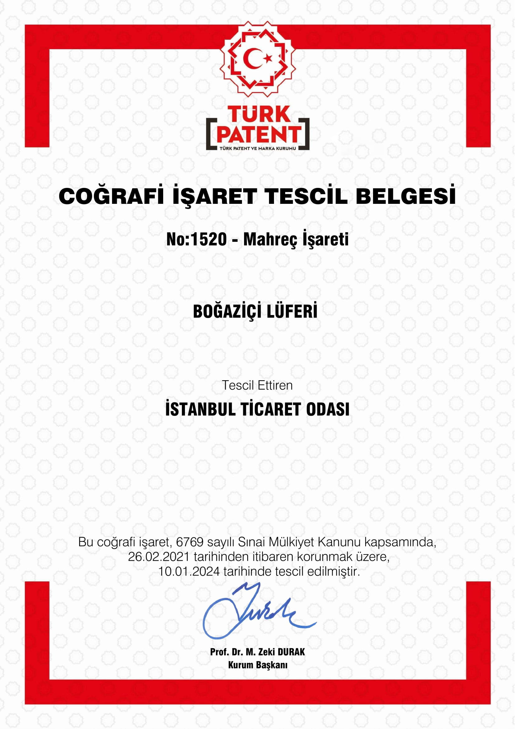 Boğaziçi Lüferi Tescil Bilgileri